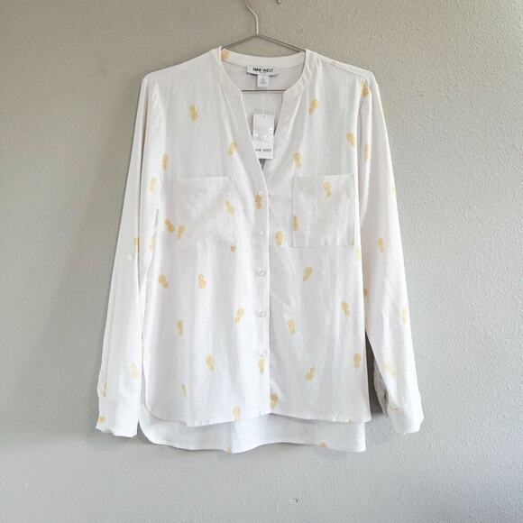 Nine West Linen Viscose White Shirt, Pineapple Print, Collarless V-Neck Roll Tab - Picture 1 of 9